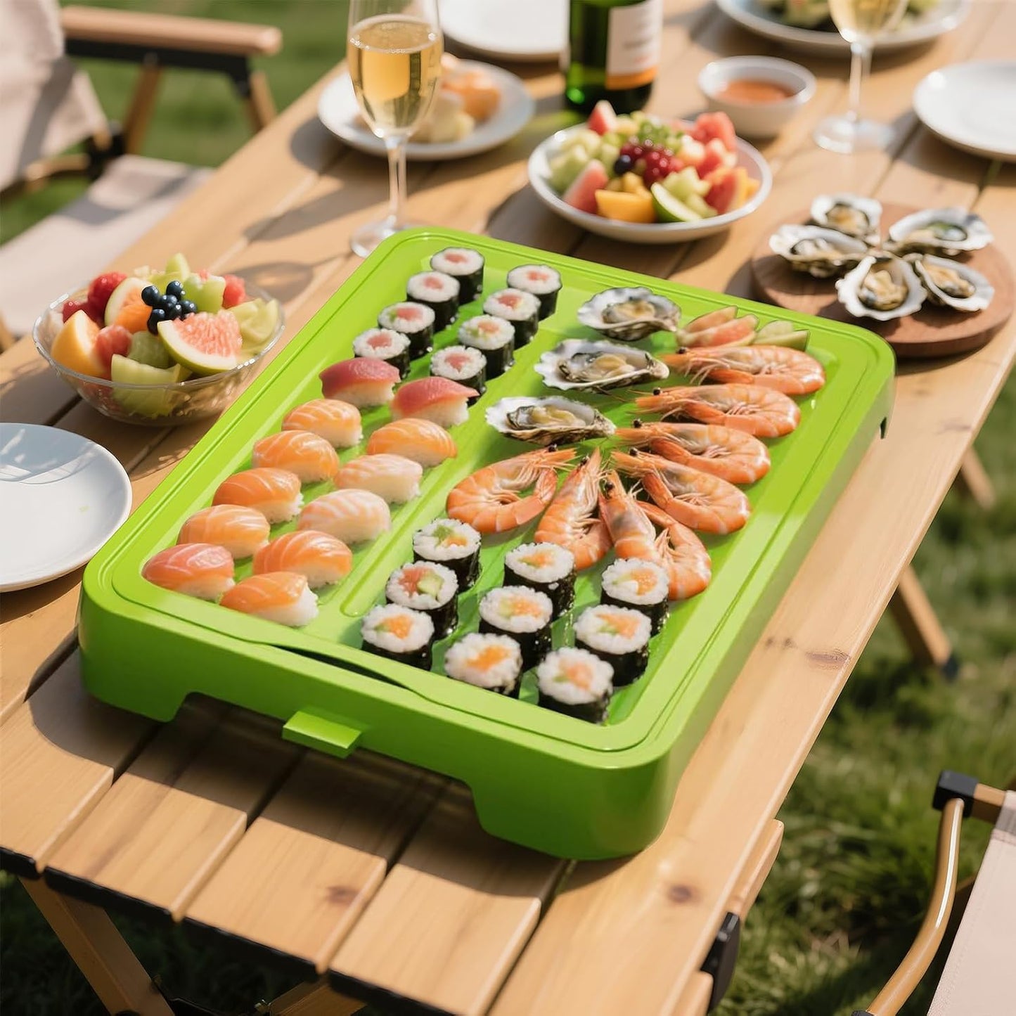 Chilled Portable Serving Tray Platterbox with Reusable Ice Pack with Lid Shrimp Cocktail Serving Dish Platter Cold Food Buffet Server for Appetizer Veggie Fruit Food Parties Outdoor Picnic, Green