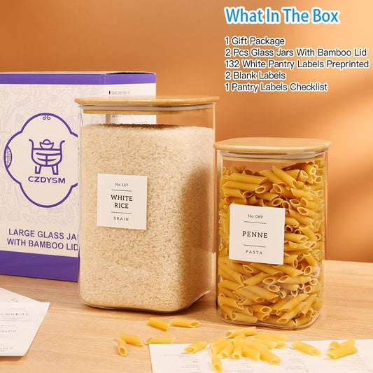 2 Pack large Square Glass Flour and Sugar Containers with 132 Kitchen Pantry Labels - 149 floz & 71 floz - Glass Jars with Airtight Bamboo Lid - Glass Rice Canisters for Coffee, Pasta, Cookie, Cereal