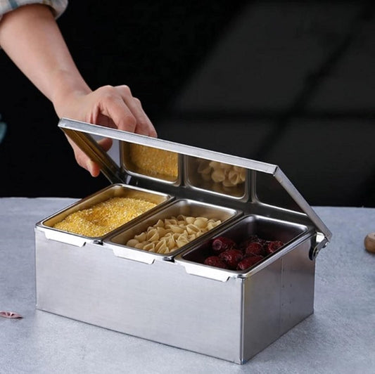 TrueCraftware- 5 Compartment Stainless Steel Condiment Bar (Open Bottom)- Condiment Dispenser Serving Container Garnish Tray Bar Caddy Condiment Server Caddy Garnish Holder for Home Work Restaurant