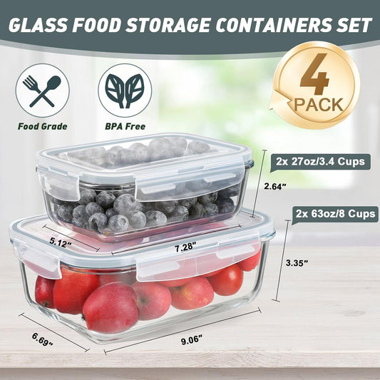 KOMUEE 4 Pack 63oz+27oz Large Glass Food Storage Containers Set with Airtight Lids, BPA-Free, Meal Prep Containers for Storing, Freezer, Microwave and Oven Safe