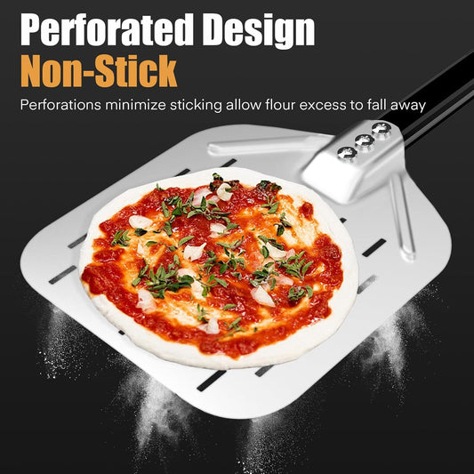 4-Piece Pizza Oven Accessories Kit, Includes 12 Inch Perforated Pizza Peel, 9 Inch Round Pizza Turning Peel, Oven Brush with Scraper and Rocker Cutter, Pizza Spatula Paddle Set for Home Pizza Making