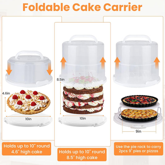 Foldable Cake Carrier, Holds up to 10in Round and 8.5in High Cake, with Lid and Handle