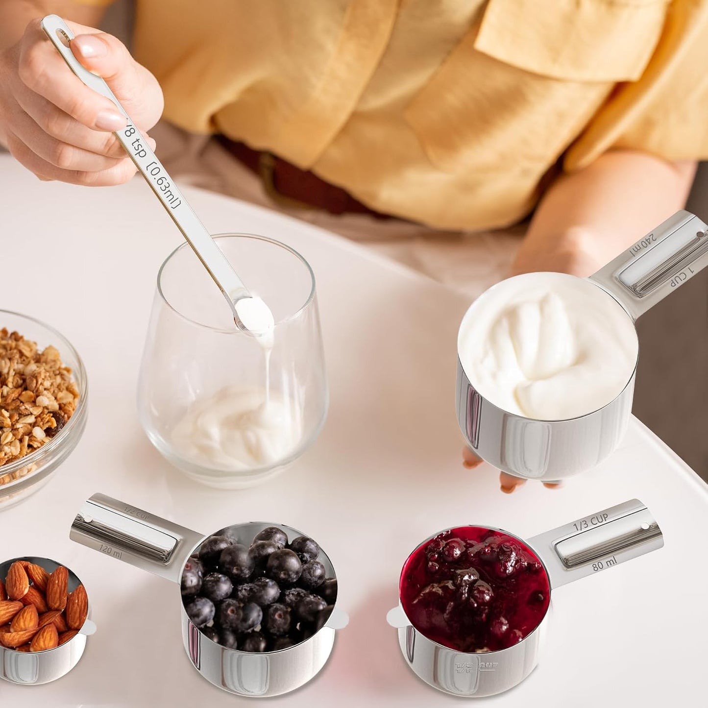 Magnetic Measuring Cups and Spoons Set, 5 Nesting Stainless Steel Measuring Cup Set with Easy to Read Markings, 7 Magnetic Measuring Spoons & 1 Leveler for Measuring Dry or Liquid Ingredients