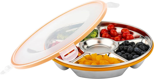 Divided Serving Tray with Lid, Stainless Steel Veggie Tray with Plastic Lid, Reusable Vegetable Platter, Snack Tray, Snackle Box for Party, Easy to Clean (6 Compartments, 60oz)