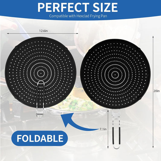 Splatter Screen Compatible with Hexclad,Silicone,12.5 Inches | Heat Resistant,with Folding Handle,Grease-Free Cooking,Dishwasher Safe,12.5 Inches,Black