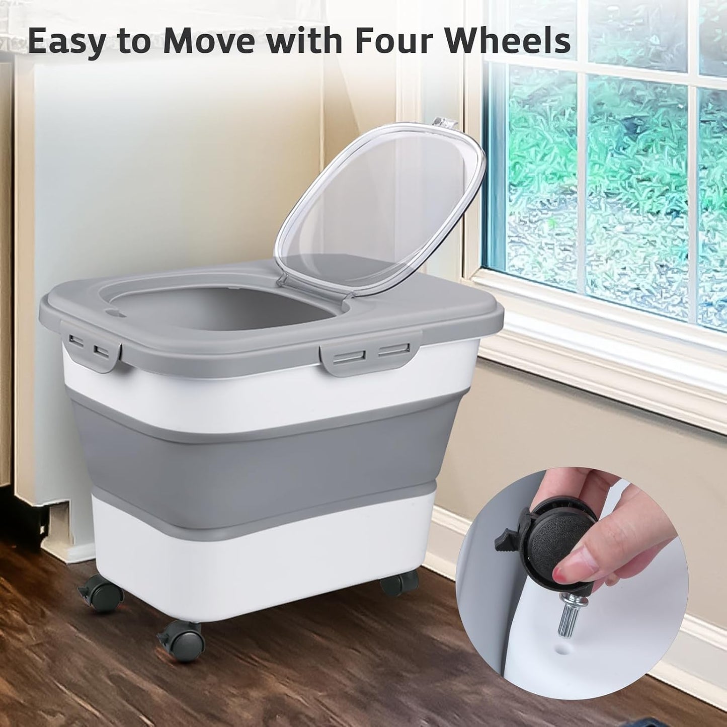 Komzon Rice Storage Containers, Collapsible 20 to 30Lbs Food Storage Bin Dispenser with Rolling Wheel and Clear Airtight Lid, BPA Free Flour, Sugar, Cereal and Dog Cat Pet food Containers