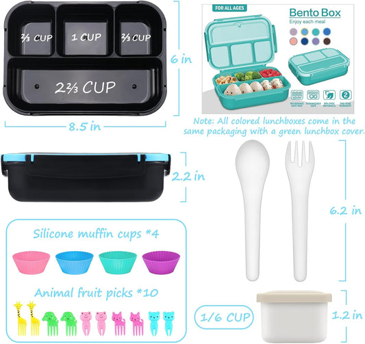 QQKO Bento Lunch Box for Kids Girls Boys, Toddler Kids Lunch Boxes for School, Lunch Containers for Adults with 4 Compartments, Sauce Container, Utensils, Food Picks and Muffin Cups, Purple