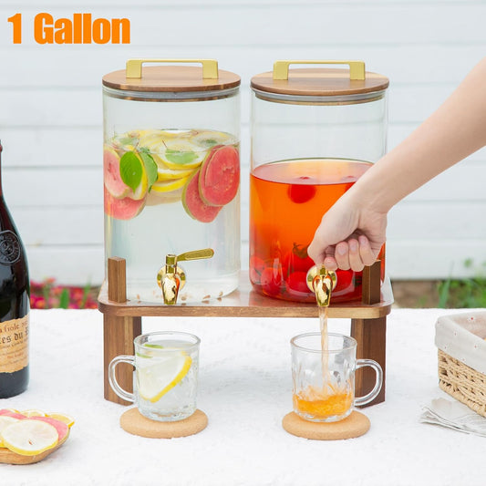 2 PACK 1.5 Gallon Glass Beverage Dispenser with Wooden Lid, Drink Dispenser with Wooden Stand, Lemonade Dispenser with Stainless Steel Leak-Proof Spigot for Parties, Weddings