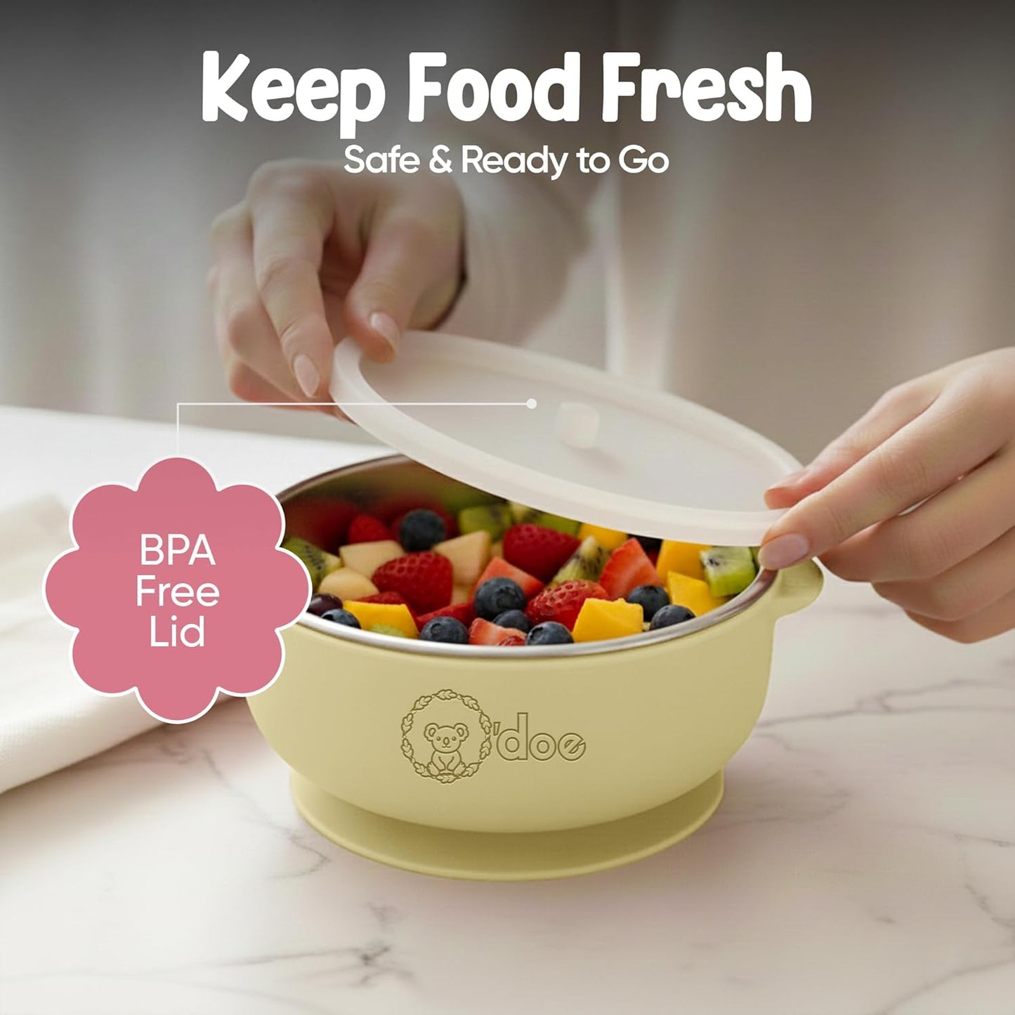 o'doe Suction Bowls for Baby - Non-Toxic Stainless Steel Baby Bowls 5" with Non-Slip Removable Silicone Shell - BPA-Free Toddler Bowls (Green + Rose + Beige)