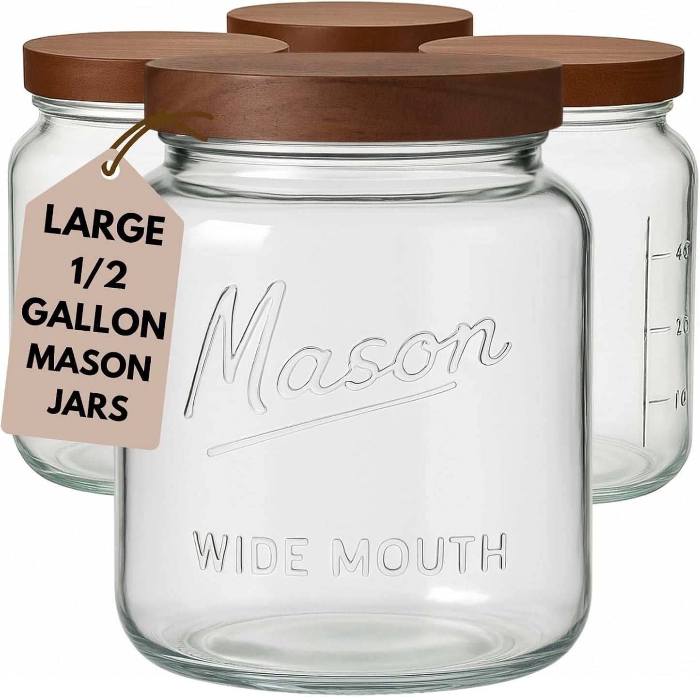kitchentoolz Extra Large Mason Jar - 1 Gallon Glass Wide Mouth Jar with Airtight Wooden Lid, Food Storage Container with Measurement Markings For Kitchen Pantry, Pickling, Cookies, Flour & Sugar
