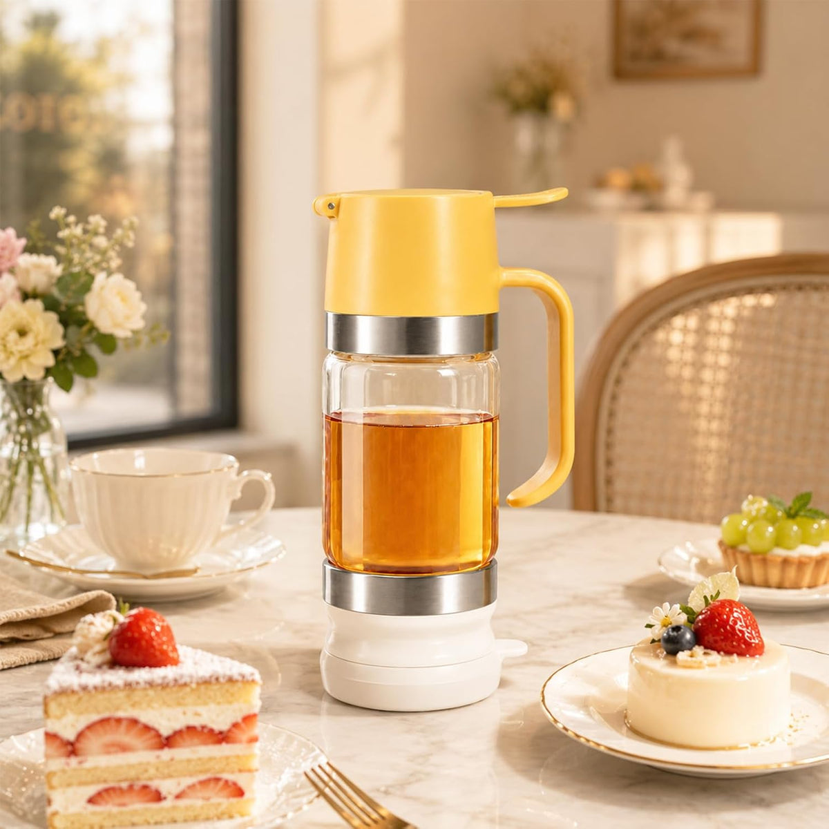 Honey Dispenser No Drip, Glass Honey Dispenser with Stand, 10oz Borosilicate Mess-Free Honey Jar with Ergonomic Handle, Precision Pouring Container for Honey, Maple Syrup, Chocolate Syrup (Black)