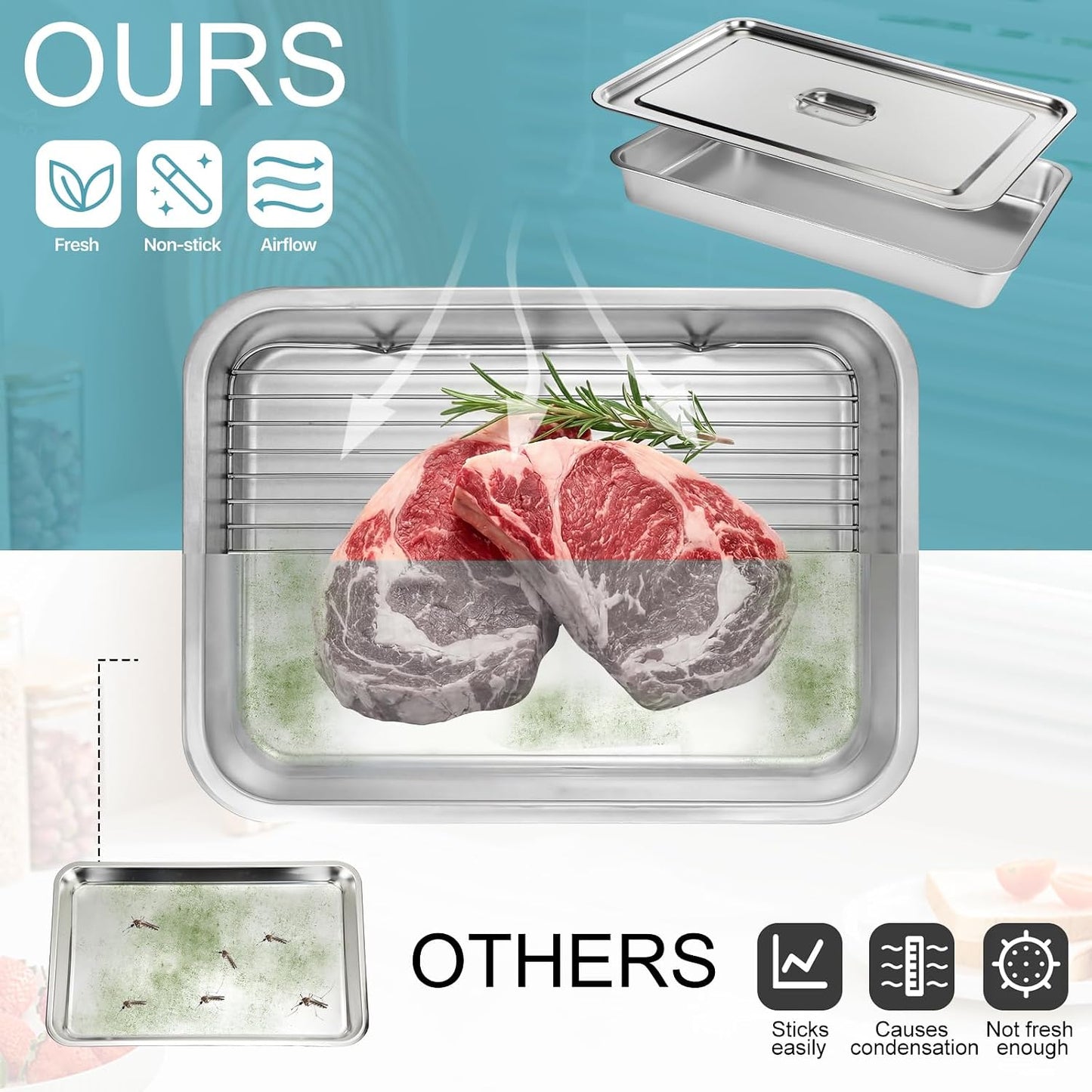 Gisafai 20 x 14 Inch Large Grilling Prep and Serve Trays 5-in-1, Stainless Steel Food Prep Tray Set Grill Carry System Marinade Container with Lid Cooling Rack Gifts for Outdoor BBQ Accessories