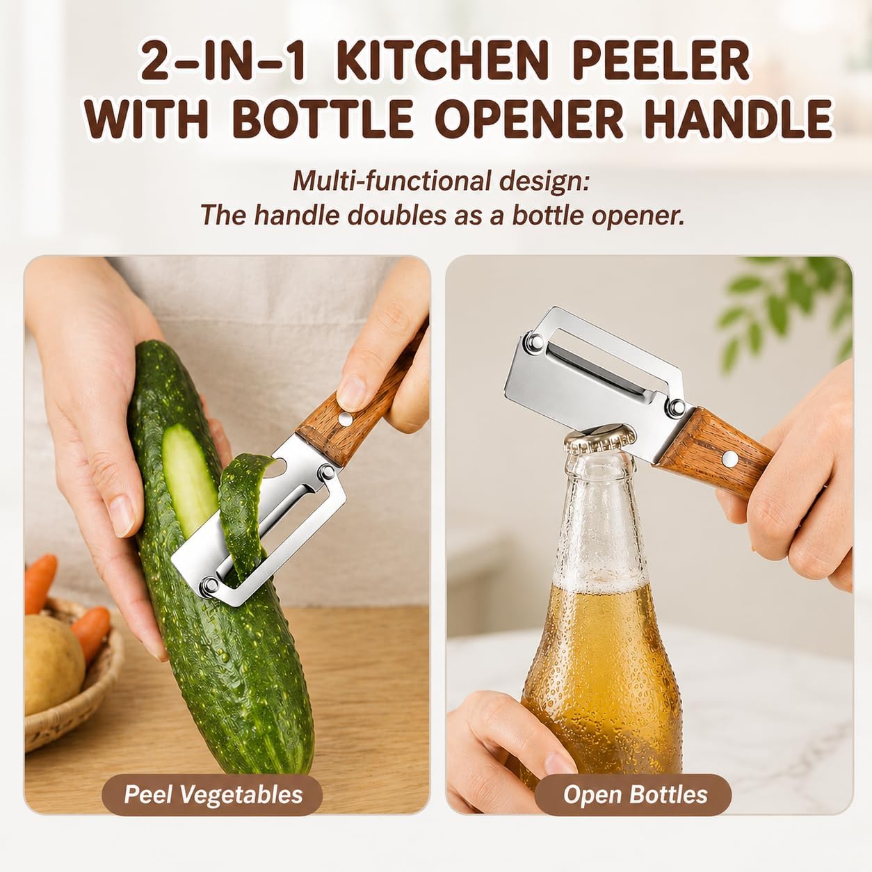 Left & Right Hand Vegetable Peeler Set with Scallion Slicer & Bottle Opener, Thickened Stainless Steel Wide Blade for Smooth Peeling, Wooden Handle Kitchen Peeler for Fruits & Vegetables