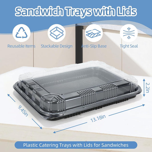 10 Pack Catering Trays with Lids, 13" Charcuterie Board with Lid, Serving Tray with Lid for Cookie, Dessert and Sandwiches, Reusable Plastic Serving Trays for Catering, Buffet