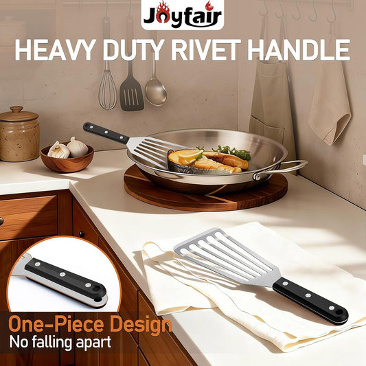 Joyfair Metal Fish Spatulas, 2 Pcs Stainless Steel Turner (ABS Handle) | Flexible Blade, Dishwasher Safe, Slotted Turner Utensil for Kitchen Cooking & Outdoor Griddle Grilling Flipping, Large&Small