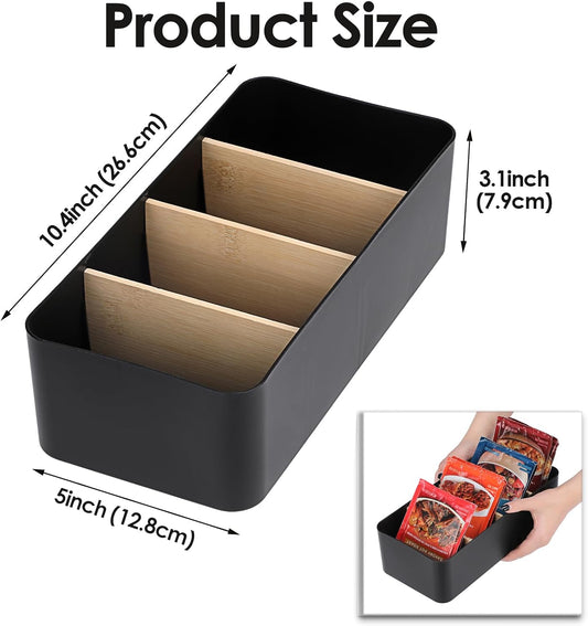 BSTKEY Seasoning Packet Organizer, Food Storage Organizer with Divided 4 Bamboo Wood Compartments, White Plastic Storage Caddy for Pantry Cabinet, Kitchen Organization Bin for Snacks Spice Packets
