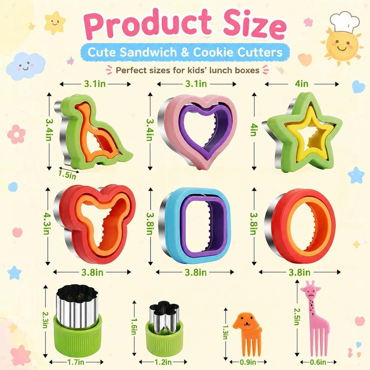 Uncrustable Sandwich Cutters Set 34pcs, 6pcs Sandwich Cutter and Sealer and 18pcs Fruit Cutter Shapes for Kids with 10pcs Cute Animal Forks, Ideal for School Lunch Boxes and Bento Boxes Boys Girls