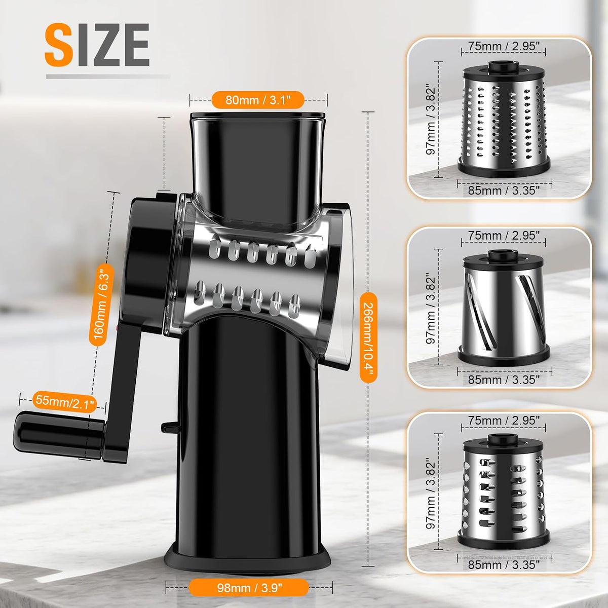 Ibergrif Rotary Cheese Grater Hand Crank– Manual Vegetable Slicer Mandoline with Foldable Handle, Rotary Grader with 3 Interchangeable Blades, Manual Cheese Shredder with Suction Base