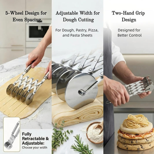 5 Wheel Pastry Cutter, Stainless Steel Adjustable Dough Cutter with Locking Screws, Pastry Wheel Cutter Tool with Handle for Dough, Pasta, and Baking