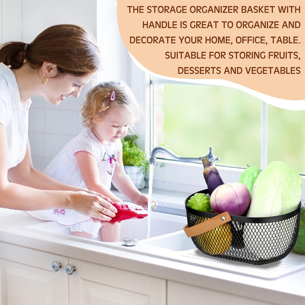 Maxcheck 4 Pcs Oval Metal Wire Storage Basket with Handle for Gathering Vegetables Multi Functional Mesh Basket for Kitchen Bathroom Picnic Home, 10.24 x 7.68 Inch(White)
