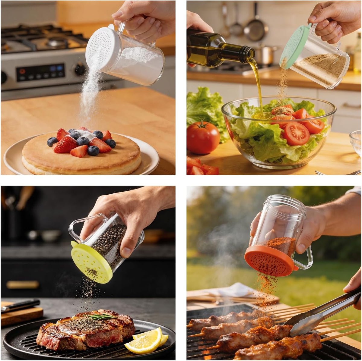 4-Pack Plastic Dredge Shaker Set, 10 oz Clear Flour & Sugar Dispensers with Handles, Commercial Seasoning Shakers for Powder, Spices & Herbs, 4 Bodies & 4 Lids with Different Hole Sizes