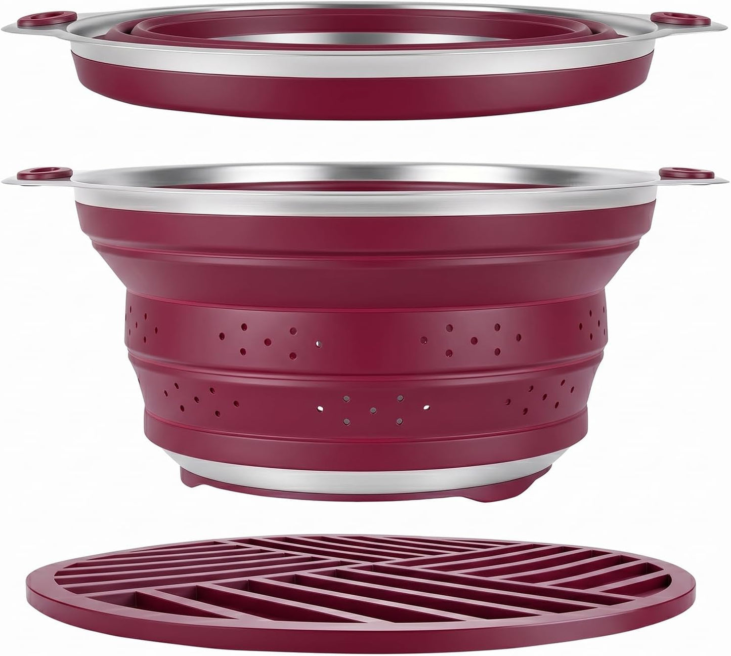 Collapsible Colander Set with Silicone Mat,2-in-1 Stainless Steel Colander for Kitchen, Foldable Metal Colander, Space-Saving for Pasta Veggies Fruit(NAVY BLUE)