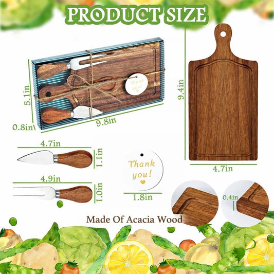 6 Set Bridal Baby Shower Cheese Prizes 9.4"L x 4.7"W Wooden Serving Board Self-Assembled Gift Set for Guests Housewarming Gifts with Knives Forks Thank You Tags and Box(Bamboo Color)