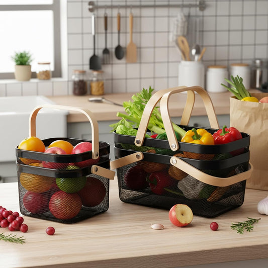 Zonon 4 Pack Harvest Garden Baskets, 2 Size Metal Mesh Harvest Storage Basket with Foldable Wooden Handle, Rectangle Durable Vegetables Fruit Basket for Garden Bathroom Kitchen Organizing, Black