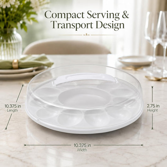 Deviled Egg Carrier Tray with Lid, 10.375x3.5 in. BPA Free Covered Serving Platter with Handle, Hold 12 Eggs, Portable Egg Storage Container for Parties Potlucks Picnics Entertaining Food Transport