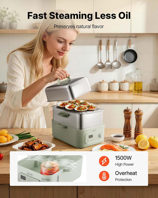 VEVOR Electric Food Steamer 13.7 QT 2-Tier Stainless Steel for 3-6 Servings, 1500W Vegetable & Meal Steamer for Cooking with 9 Pre-Programmed Settings, Keep Warm, for Veggies, Seafood & Rice, Green