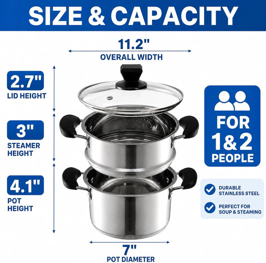 ZENFUN 1.8 Quart Stainless Steel Steamer Pot with Basket, Stock Pot with Glass Lid, Mini Steaming Pot Cookware with Handle, Metal Cooking Steamer for Vegetable, Stews, Pasta, Sauce, Individual-use