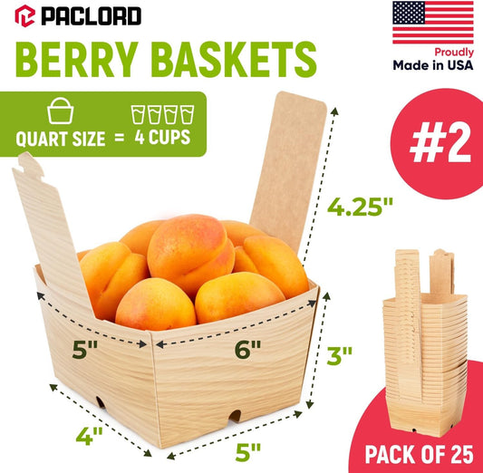 USA-Made Quart-Size Berry Baskets with Handles, Pack of 25 - 2 lbs Capacity Produce Basket for Fruits, Berries & Veggies - Premium Berry Container for Farmers Markets or Product Displays