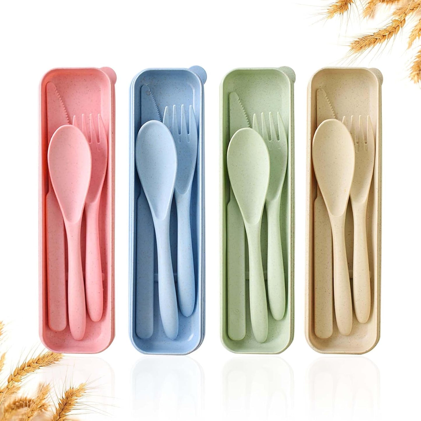 Travel Utensils with Case, 4 Sets Wheat Straw Portable Travel Cutlery Set, Reusable Fork Spoons Knife Tableware Camping Utensil Sets for Kids Adults Picnic or Daily Use, Dishwasher Safe