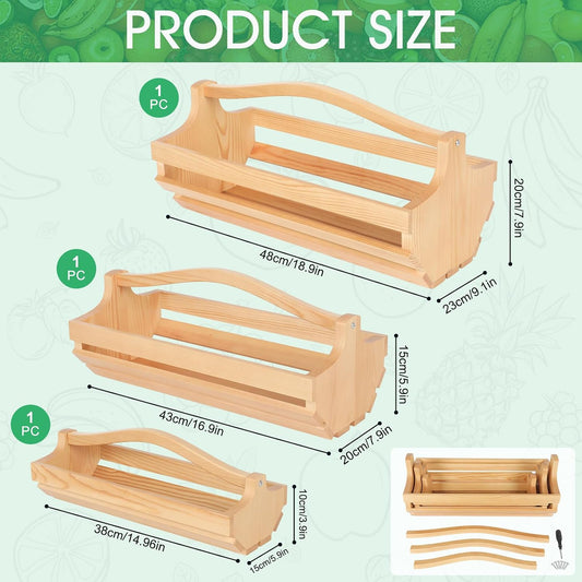 3-Piece Wooden Garden Harvest Basket Set with Handles (S/M/L), Sturdy Pine Wood Gathering Hod for Vegetable Harvesting, Fruit Picking & Farmhouse Storage Decor