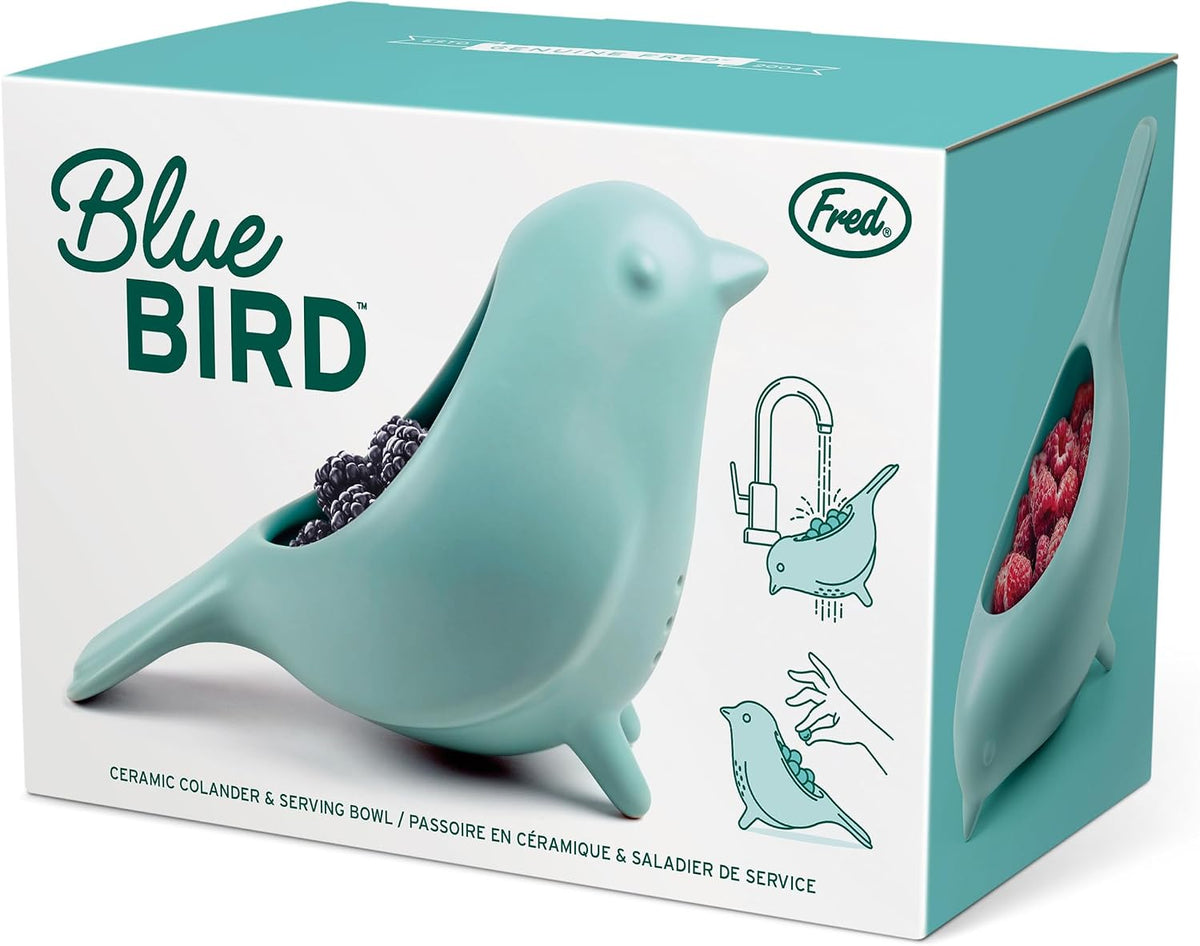 Genuine Fred BLUE BIRD Ceramic Soak-And-Serve Berry Colander