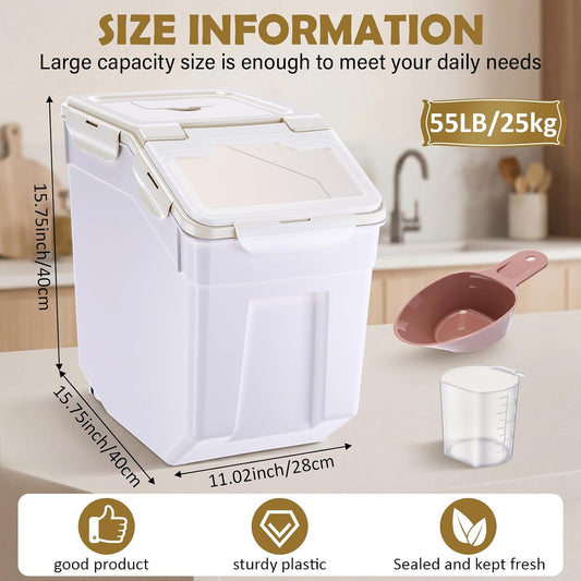 Sunnyray 4 Pcs 55 lbs Grain Rice Storage Container Flour Bin with Wheels Cup Leak Proof Pet Food Storage Boxes Seal Locking Lid Plastic Rice Containers Set for Cereal Flour Cat Dog Food (Blue)