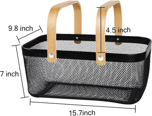 Portable Mesh Harvest Basket - Natural Bamboo Handle Foldable Organizer for Kitchen, Garden & Picnic | Ventilated Storage Bin with Rust-Proof Wire, Space-Saving Farmhouse Decor (Pink)