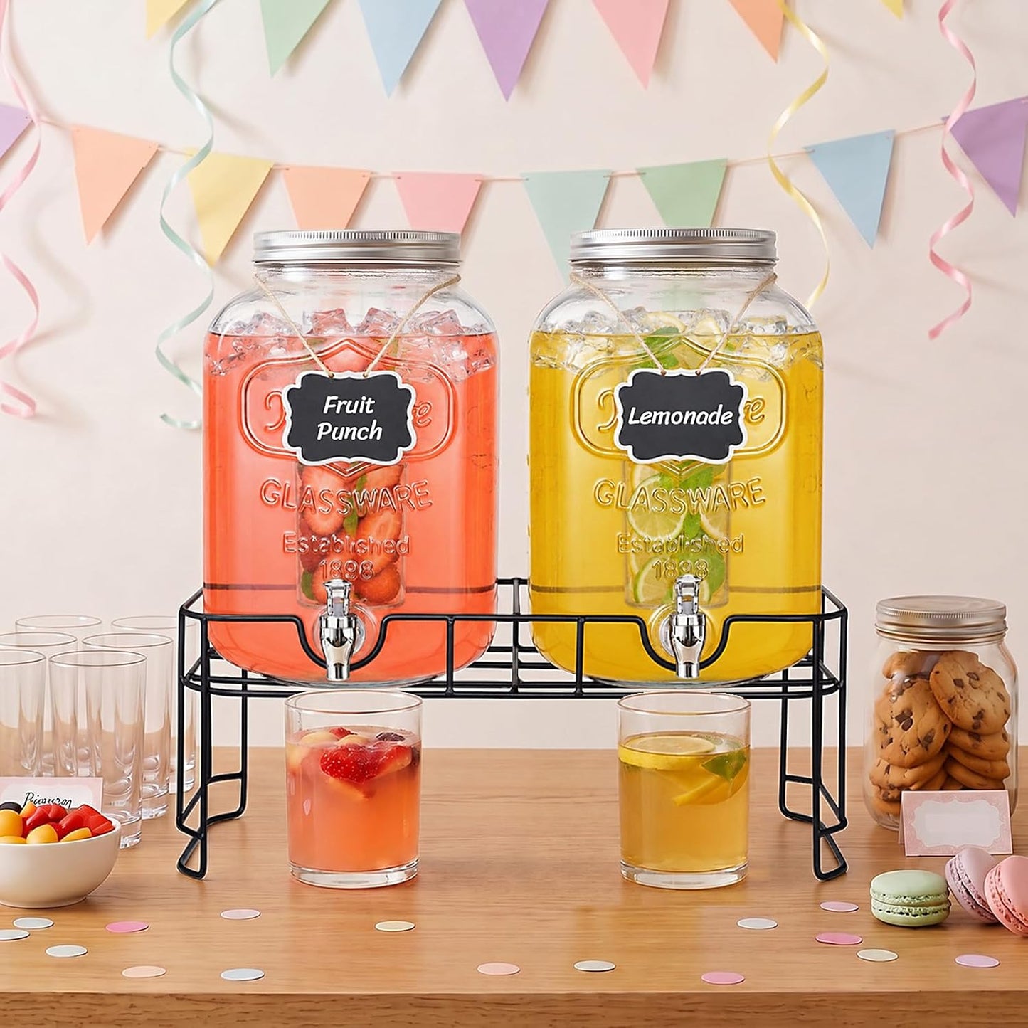 Lifewit 2 Gallon Glass Drink Dispenser for Parties, Beverage Container with Stand for Juice/Tea/Soda & Lemonade, Water Pitcher with Leakproof Spigot for Mimosa Bar, Birthday, Wedding Hosting, 2 Pcs