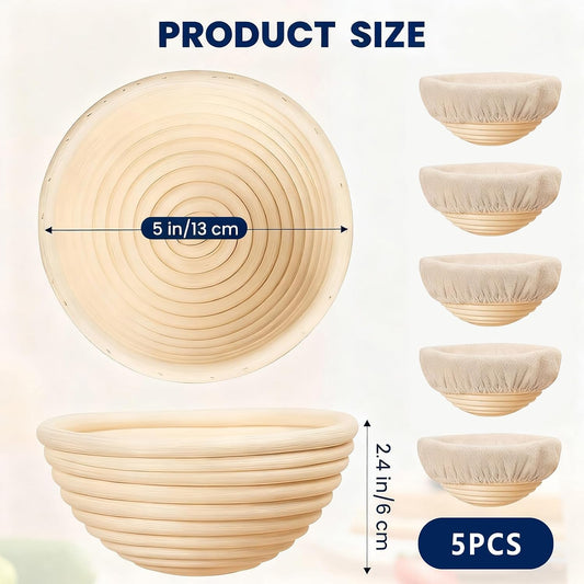 Kcysta 5 Inch Banneton Bread Proofing Basket Set of 5, Mini Sourdough Bread Baking Supplies, Small Banneton Basket Proofing Baskets for Sourdough Bread Baking