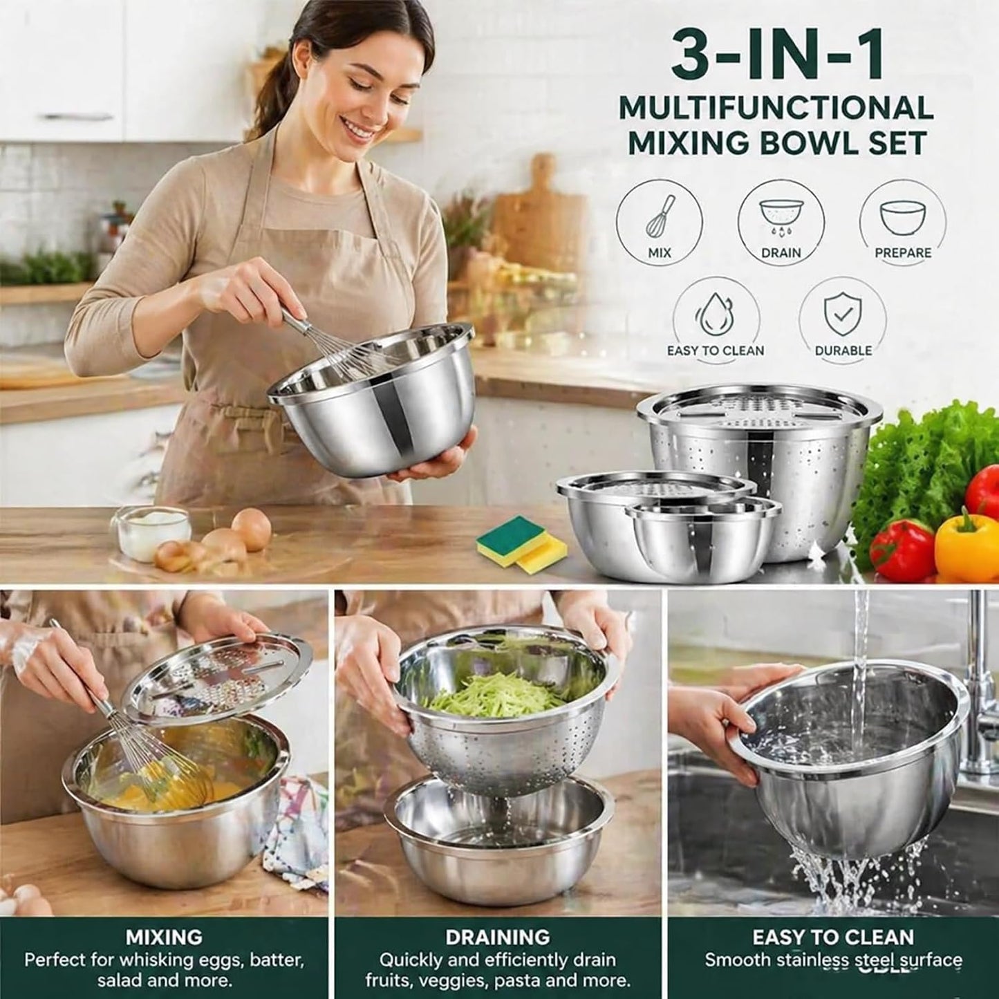 3 in 1 Stainless Steel Mixing Bowls Set - Multifunctional Colander with Grater & Vegetable Slicer, Stackable Kitchen Strainer Drain Basket for Rinsing, Washing, Mixing & Food Prep, Food Grade, 3Pcs