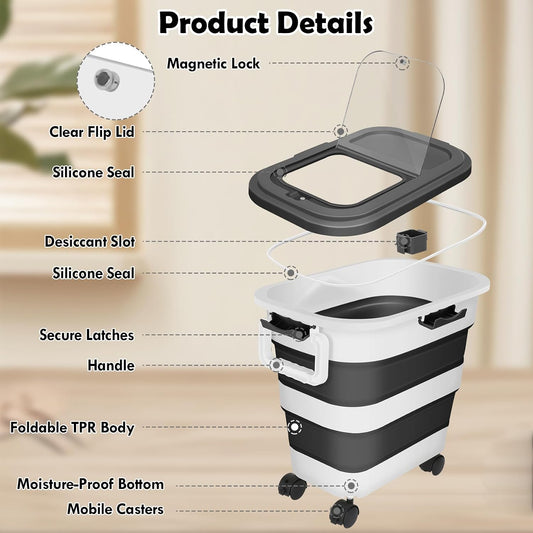 Dog Food Storage Container, 25Lbs Large Collapsible Pet Cat Food Container with Airtight Lids Wheels Handle Scoop Measuring Cup Small Container, Rice Kitchen Dry Food Storage Dispenser Bin (Black)