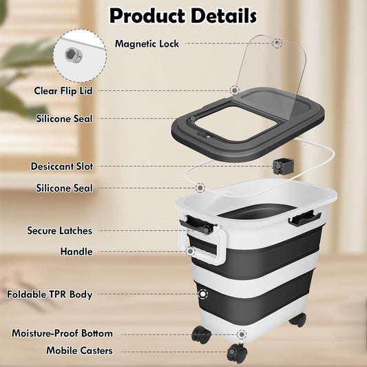 Dog Food Storage Container, 25Lbs Large Collapsible Pet Cat Food Container with Airtight Lids Wheels Handle Scoop Measuring Cup Small Container, Rice Kitchen Dry Food Storage Dispenser Bin (Black)