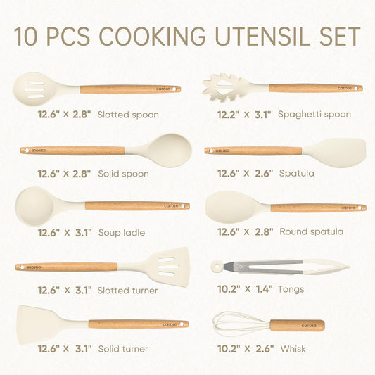 CAROTE Kitchen Utensils Set with Wood Cool-Touch Handles, Cream