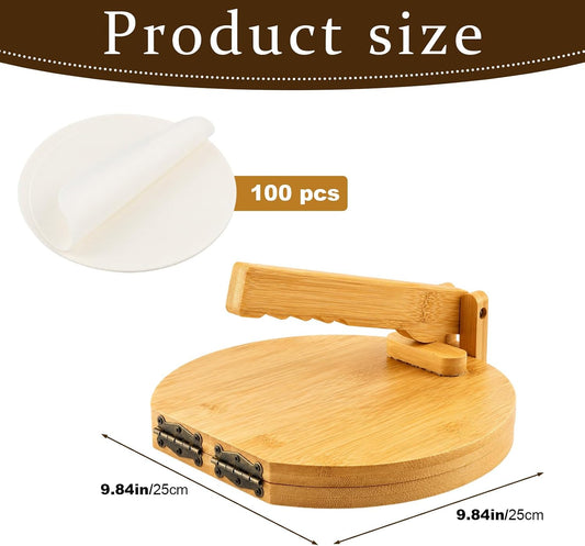 10 Inch Bamboo Round Tortilla Press Set, Mexican Tortilla Maker with 100 Parchment Papers and Rolling pin, Homemade Corn&Flour Flatbread Press for Mexican Tacos, Roti, Patacones