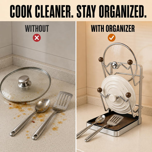 2-Tier Pot Lid Organizer and Cutting Board Holder for Kitchen Counter