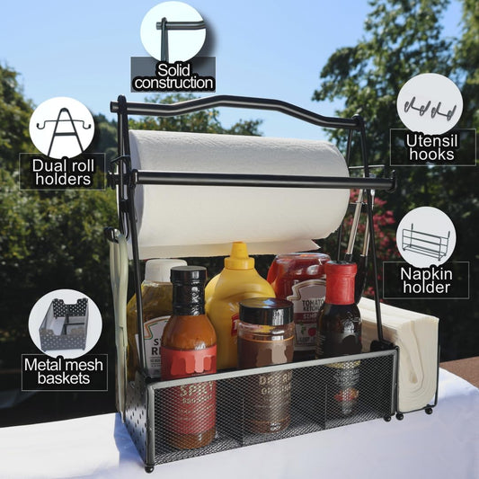 Grill Caddy for Outdoor Kitchen - Foldable Picnic Caddy for BBQ Accessories - Versatile Outdoor Kitchen Accessories Basket with Paper Roll Holder, Hooks & Compartments