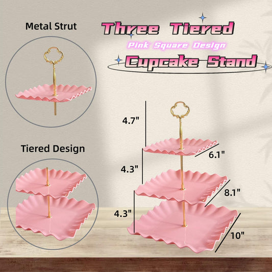 2 Pack of Plastic Square Dessert Cupcake Stand, 3 Tier Cup Cake Holder Tower for Tea Party/Birthday/Wedding, Plastic Tiered Serving Tray (Pink)