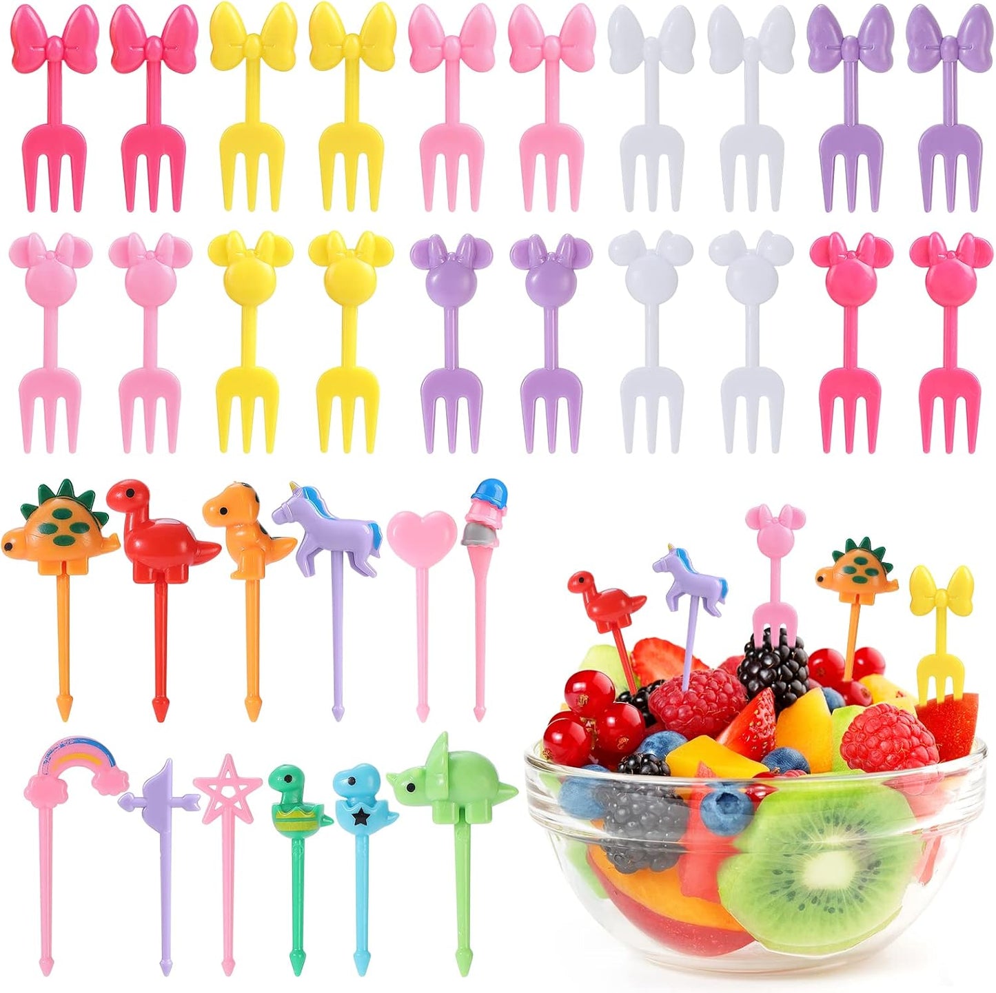 32Pcs Food Picks for Kids, Cute Cartoon Mickey Unicorn Dinosaur Fruit Food Picks for Picky Eaters,Reusable Toddler Food Pick, Mini Toothpick for Kids Lunch Accessories and Party Supply