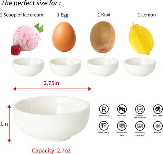 Ceramic Breakfast Bowls,2.7 oz Condiment Sauce Cups Containers,Side Dishes Small Trifle Bowls for Ice Cream,Baking Cute Bowls Set of 6(White)