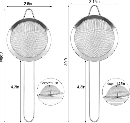 2 Pack Fine Mesh Strainer, Small Stainless Steel Sieves with Handles, for Steeping Loose Leaf Tea, Straining Cocktail, Juice and Sifting Flour, Powdered Sugar (2pcs)